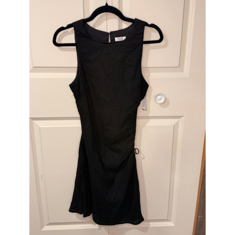 A.C.W. Black Linen Blend Sleeveless Ruched Mini Dress NWT Small 4B-AP30017-06